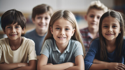 Portrait of smiling schoolchildren sitting at desk in classroom. School concept. Back to school concept. Children concept