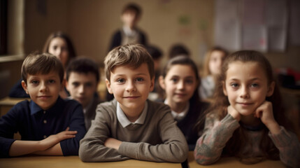 Portrait of smiling schoolchildren sitting at desk in classroom. School concept. Back to school concept. Children concept