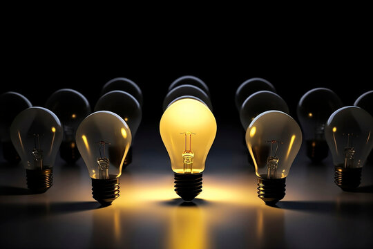 conceptual image of a group of unlit light bulbs which are placed around another light bulb that is on and is different and stands out from the rest, the light of the bulb is reflected on the floor