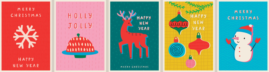 Christmas card set - hand drawn cute flyers. Postcards with lettering and Christmas graphic elements.