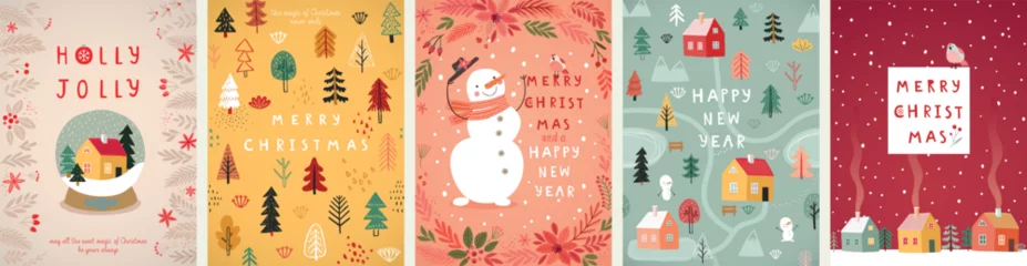Tuinposter Christmas card set - hand drawn cute flyers. Postcards with lettering and Christmas graphic elements. © avian