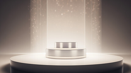 modern pedestal podium with a glossy white finish stands in the center of a dimly lit room