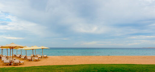 panorama of Sahl Hasheesh in Egypt for summer background with sea, beach, sun and palm trees