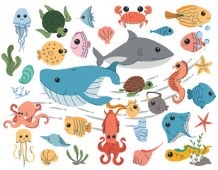 Set of cartoon sea, underwater life, sea animals, turtles. Set of illustrations of ocean wildlife, underwater animals, sharks, whales, octopuses and fish. Flat illustration with line elements