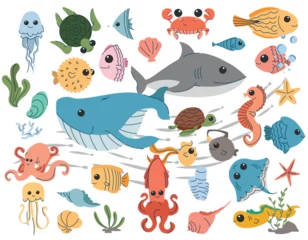 Cercles muraux Vie marine Set of cartoon sea, underwater life, sea animals, turtles. Set of illustrations of ocean wildlife, underwater animals, sharks, whales, octopuses and fish. Flat illustration with line elements