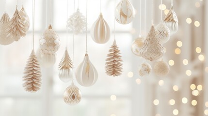 Hanging decorative Christmas tree toys. Christmas background festive bright design