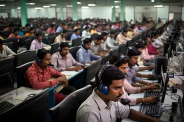 Men working at a call center in India - obrazy, fototapety, plakaty