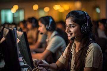 Indian woman working at a call center in India - obrazy, fototapety, plakaty