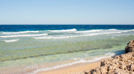 panorama of Sahl Hasheesh in Egypt for summer background with sea, beach, sun and palm trees