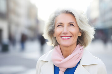 happy mature woman with grey hair smiling and walking on a city street. selective focus on senior lady's face.