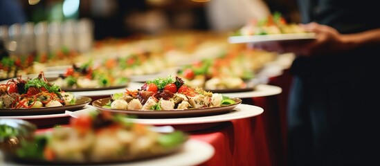 Providing food for a business seminar conference can be done through a catering service or by arranging a buffet style party When capturing images intentionally blur the background to creat - obrazy, fototapety, plakaty