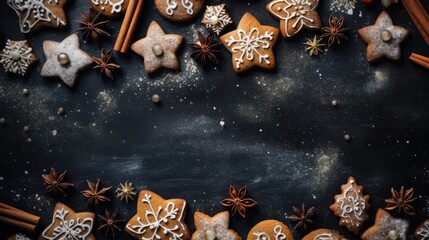 Obraz na płótnie Canvas Festive shortbread cookies of different shapes flat top view border. Christmas background festive bright design