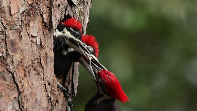 Pileated woodpecker feeding babies in a nest in Florida 
