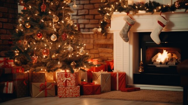 Christmas tree in the room on the background of the fireplace