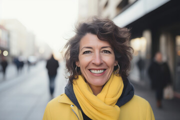 happy middle age woman with a smile walking on a urban  street