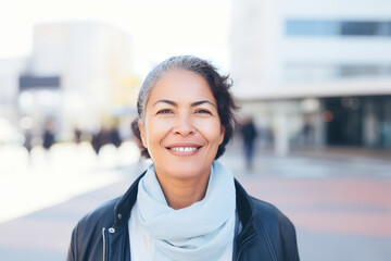 happy middle age grey hair multi ethnic woman with a smile walking on a city street. close up image with shallow depth of field
