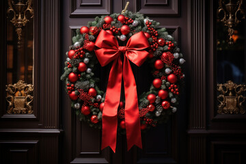 Fototapeta na wymiar A festive Christmas wreath hanging on a front door, adorned with ornaments, pine cones, and a bright red bow, welcoming guests with holiday cheer. Generative Ai.