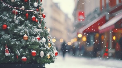 Winter city background with a decorated beautiful holiday tree. Christmas tree on a city street. Merry Christmas and Happy New Year