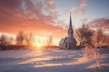 Obraz premium A serene snowy landscape with a solitary church steeple against the backdrop of a setting sun, symbolizing the peacefulness and reflection of Christmas. Generative Ai.