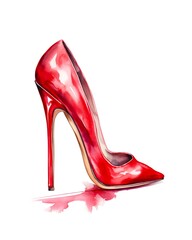 Red female shoe with high heel, watercolor illustration. - obrazy, fototapety, plakaty