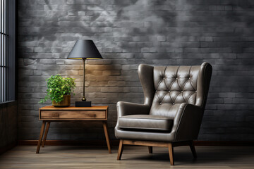 A wing chair positioned beside a rustic wooden coffee table, showcasing the Scandinavian living room's interior design with stylish framed decor. Generative Ai.
