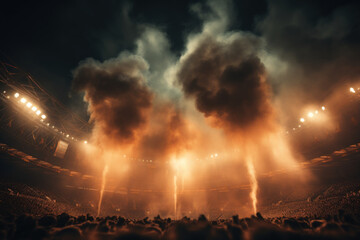 Fototapeta na wymiar The brightness of stadium arena lights and the ethereal quality of smoke creating an ambiance of excitement and anticipation. Generative Ai.