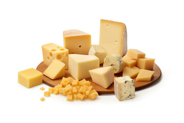 A wooden platter with a variety of cheeses on white background