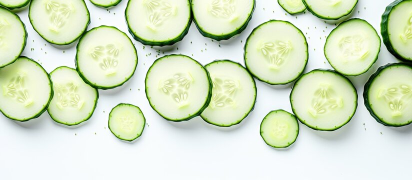 A white background flat lay showcases cucumber slices alongside gel highlighting the natural medicinal properties of this organic plant for cosmetics alternative medicine and the health and