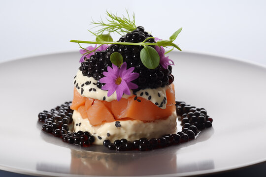 a plate of food with caviar, berries, and flowers on it