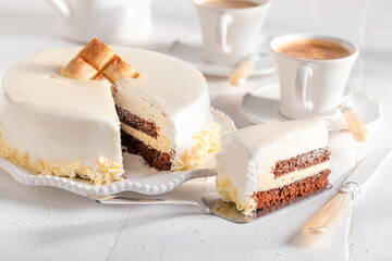 Sweet white chocolate cake made white chocolate and brownie.