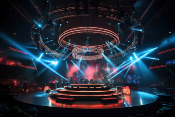 Stage production set with a circular light truss in a live venue, reflecting the world of entertainment and live music performances. Generative Ai. - obrazy, fototapety, plakaty
