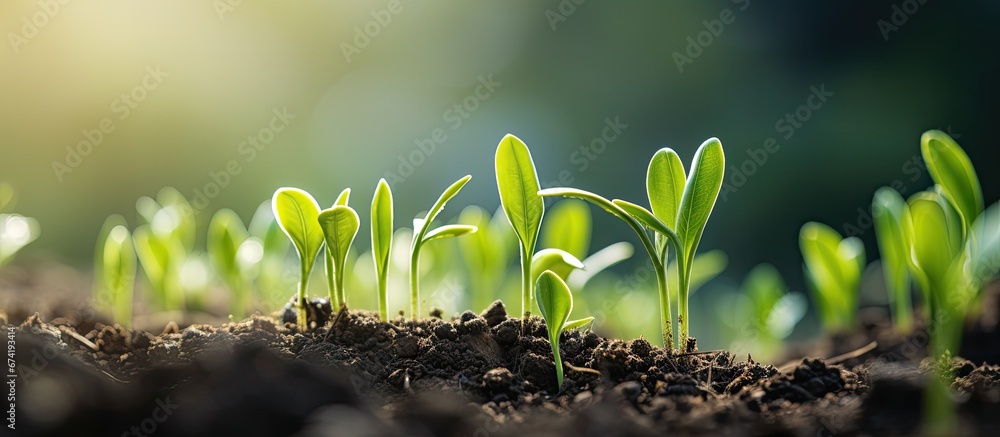 Canvas Prints Selective focus is used to capture the growth of young green corn seedlings in a cultivated agricultural farm field with a shallow depth of field emphasizing their sprouts