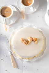 Luxury white chocolate cake made white chocolate and brownie.