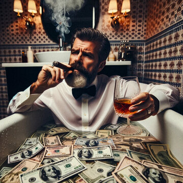Man in Bathtub Full of Money Smoking Cigar and Sipping Cognac. Generative AI.