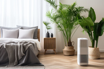 A white modern air purifier and dehumidifier set in a beige-brown wall bedroom, with gray bed linens and sunlight illuminating the tropical palm tree on a wood parquet floor. Generative Ai.