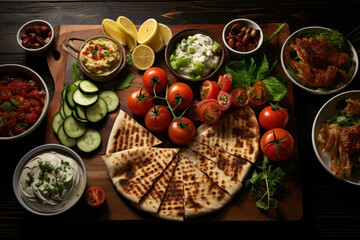 A spread of traditional Greek food, including salad, meze, pie, fish, tzatziki, and dolma, presented on a wooden background, making for an appetizing top view. Generative Ai.