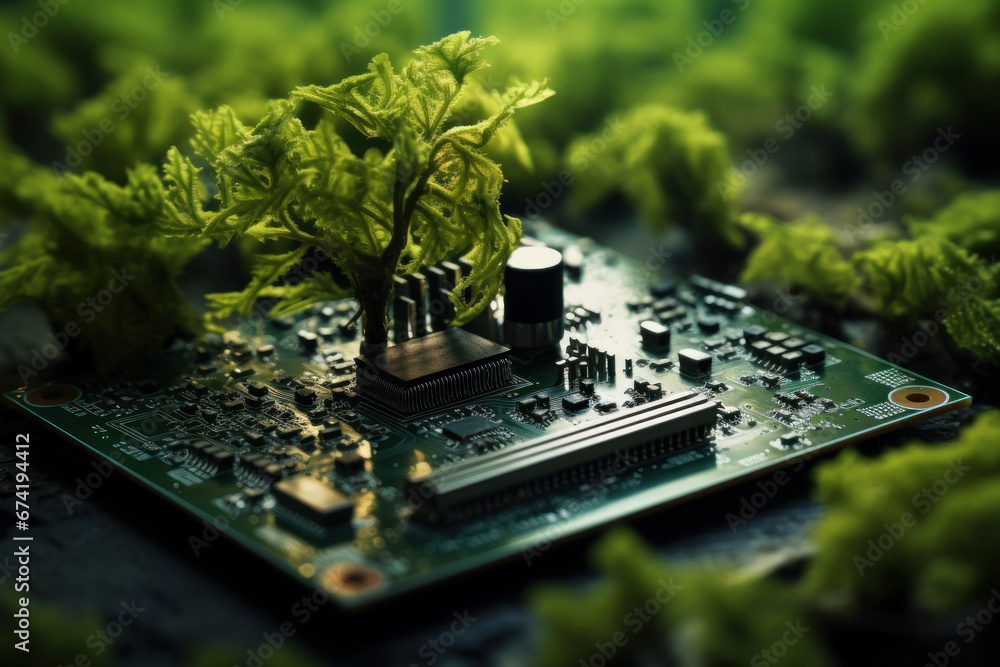 Poster a tree growing atop a convergence point of a computer circuit board, emphasizing green computing and
