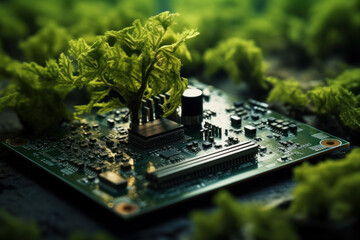 A tree growing atop a convergence point of a computer circuit board, emphasizing green computing and environmentally conscious technology. Generative Ai. - obrazy, fototapety, plakaty