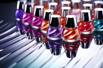Close-up of colorful nail polish bottles on a mirror surface