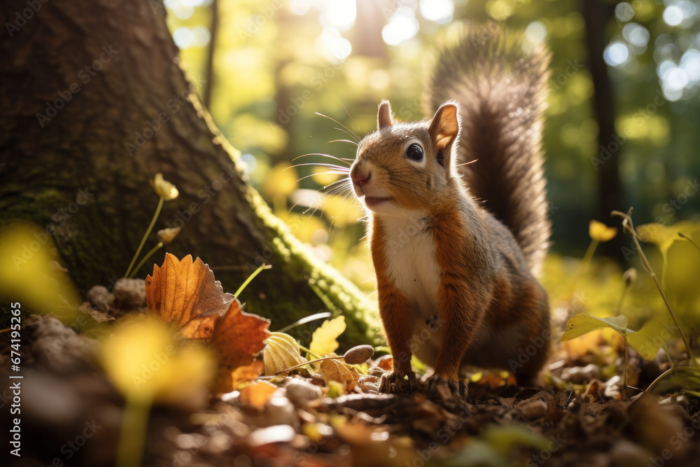 Poster a curious and playful squirrel foraging for nuts in a sun-dappled forest, exemplifying the endearing