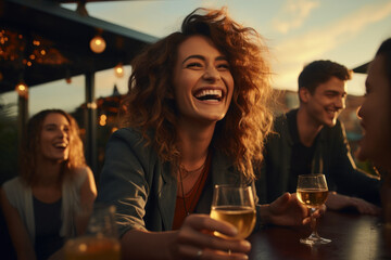 A diverse group of friends laughing and toasting drinks at a lively rooftop bar, celebrating the joys of friendship. Generative Ai.