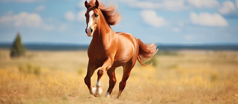 A little crimson horse with a pale streak galloping across the meadow