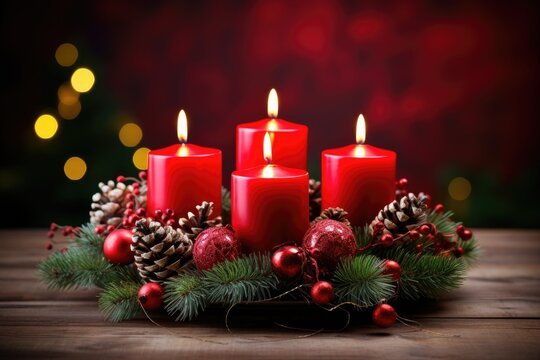 decorated Advent wreath from fir branches with red burning candles on a wooden table , festive bokeh in the warm dark background