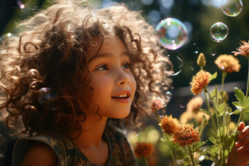 Fototapeta premium A young child blowing bubbles with sheer delight in a sunlit backyard, embodying the innocence of youth. Generative Ai.