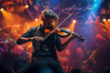 A musician passionately playing a violin on a grand stage, capturing the beauty of live music....