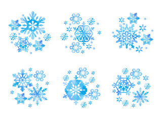 雪の結晶のイラストセット、水彩風、青色、