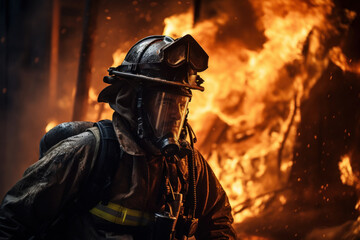 Naklejka premium A firefighter in full gear rushing into a burning building to save lives, exemplifying bravery and heroism. Generative Ai.