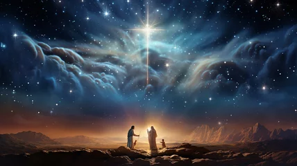 Fotobehang the symbol of the glowing cross in the starry night sky, the biblical story of Christmas, the concept of God, fictional computer graphics © kichigin19