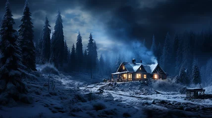 Foto op Canvas night winter landscape of nature, a lonely hut among the snowfall in the forest mountains, the shelter of a forester in the north, snowflakes falling, dark blue evening © kichigin19