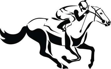 Cartoon Black and White Isolated Illustration Vector Of A Horse Racing Jockey Racing A Horse